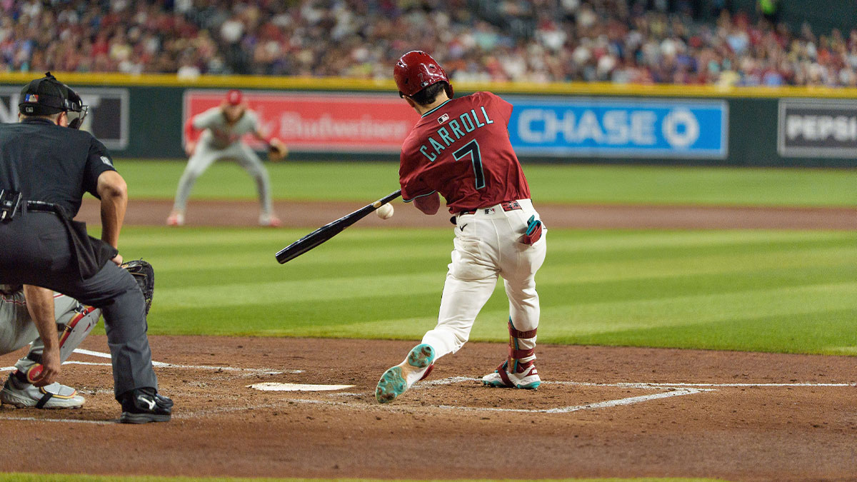 Arizona Diamondbacks outfielder Corbin Carroll (7) hits a home run in the second inning against the Philadelphia Phillies at Chase Field. 