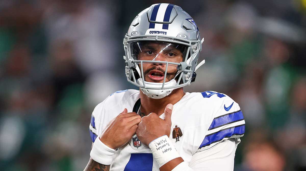 Dallas Cowboys quarterback Dak Prescott (4) looks on during warmups prior to the game against the Philadelphia Eagles at Lincoln Financial Field.