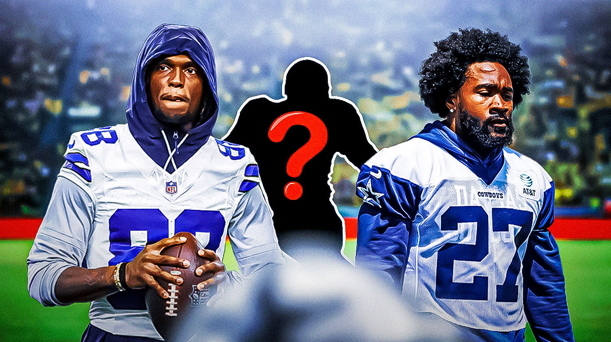 Dallas Cowboys WR CeeDee Lamb with RB Miles Sanders and a silhouette of an American football player with a big question mark emoji inside.