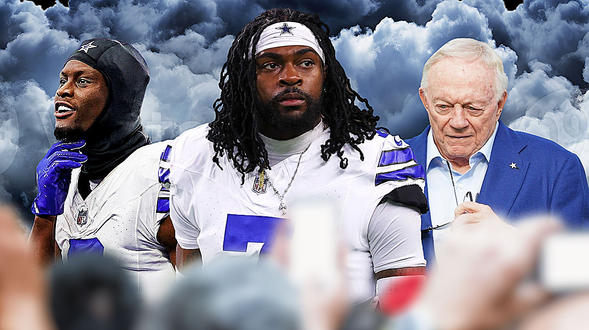Trevon Diggs in the middle, George Pickens, Jerry Jones around him, dark clouds in the background