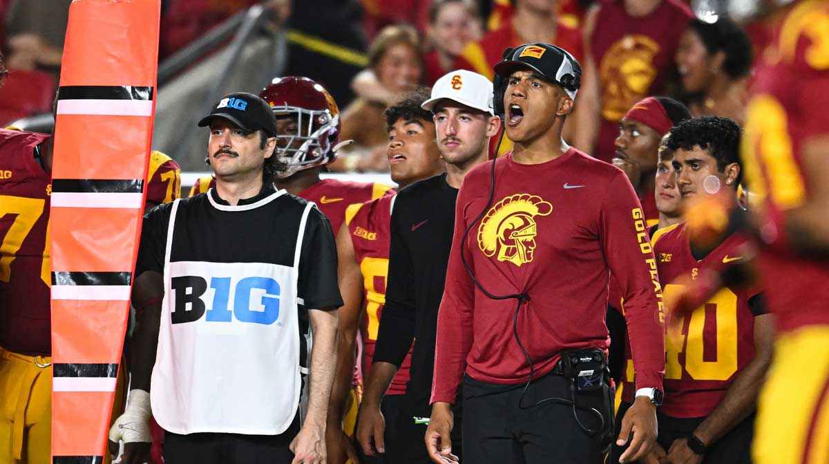 USC Trojans defensive coordinator D'Anton Lynn reacts against the Utah State Aggies during the fourth quarter at United Airlines Field at Los Angeles Memorial Coliseum.