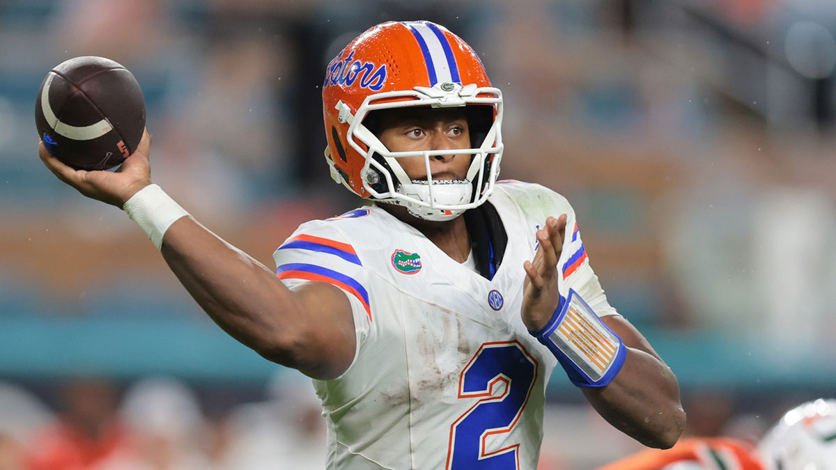 Florida Gators quarterback DJ Lagway (2) passes the football against the Miami Hurricanes during the second quarter at Hard Rock Stadium.