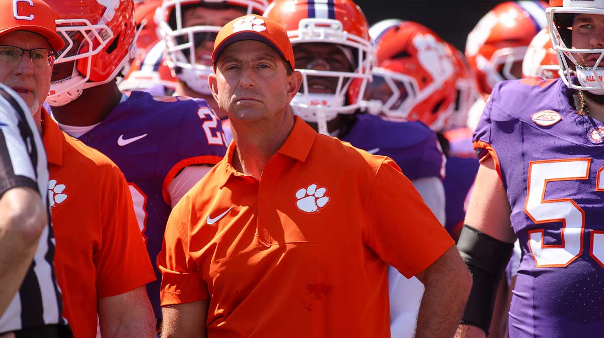 Clemson Tigers head coach Dabo Swinney prepares to run on the field with his team before a game against the Georgia Tech Yellow Jackets at Bobby Dodd Stadium at Hyundai Field.