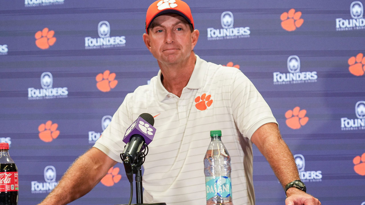 Clemson head coach Dabo Swinney talks with media after the game at Memorial Stadium Saturday, September 6, 2025 in Clemson, S.C.