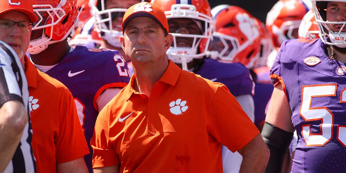 Clemson Tigers head coach Dabo Swinney prepares to run on the field with his team before a game against the Georgia Tech Yellow Jackets at Bobby Dodd Stadium at Hyundai Field.