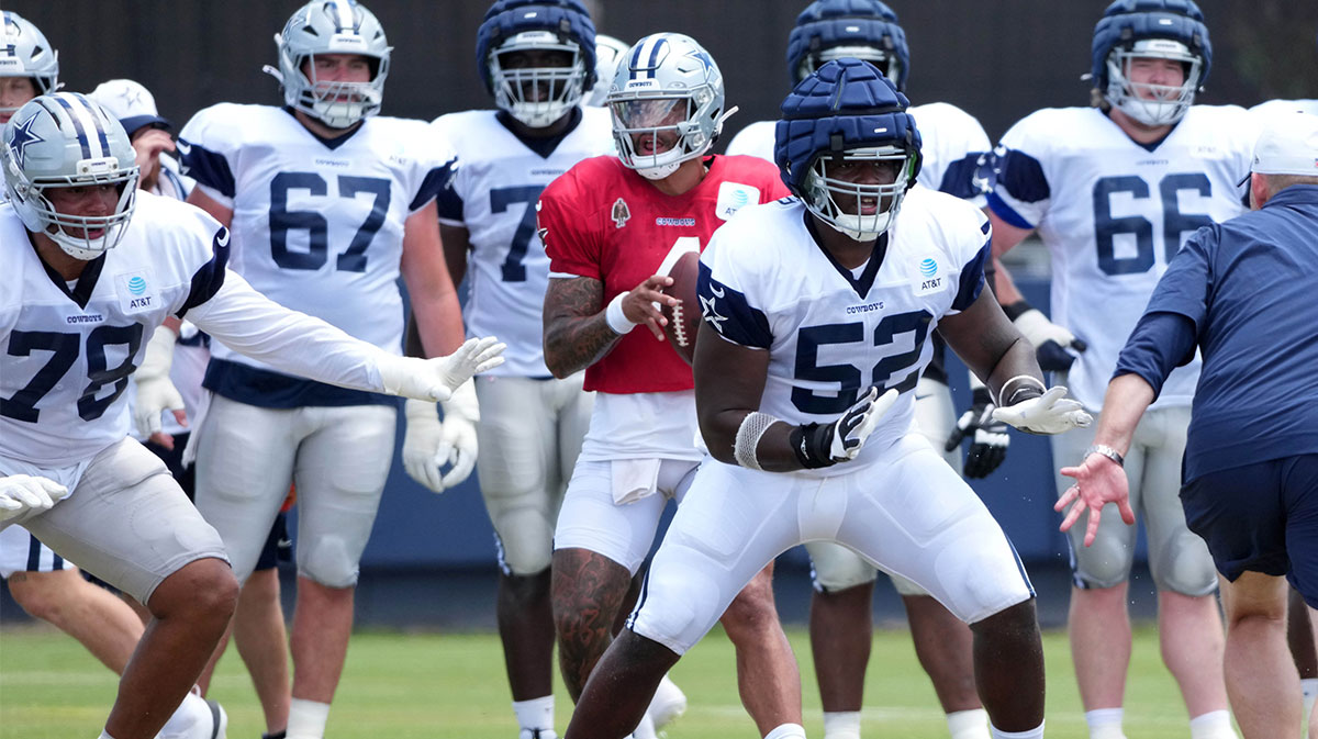 Dallas Cowboys quarterback Dak Prescott (4) prepares to take the snap as guard Tyler Booker (52) reacts at training camp at the River Ridge Fields.