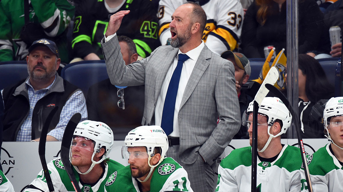 Dallas Stars head coach Peter DeBoer yells from the bench during the first period against the Nashville Predators at Bridgestone Arena.