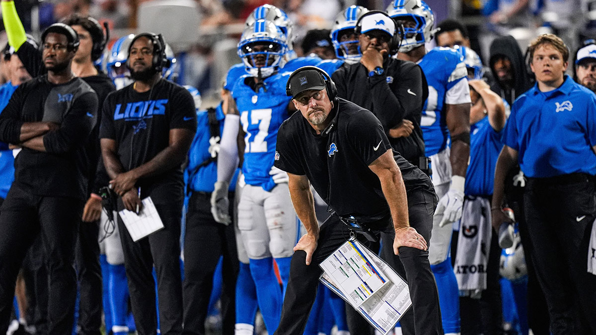 Detroit Lions head coach Dan Campbell reacts to a play against LA Chargers during the second half of the Hall of Fame Game at Tom Benson Hall of Fame Stadium in Canton, Ohio on Thursday, July 31, 2025.