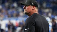 Detroit Lions head coach Dan Campbell watches warm up at Ford Field in Detroit on Sunday, Sept. 14, 2025.