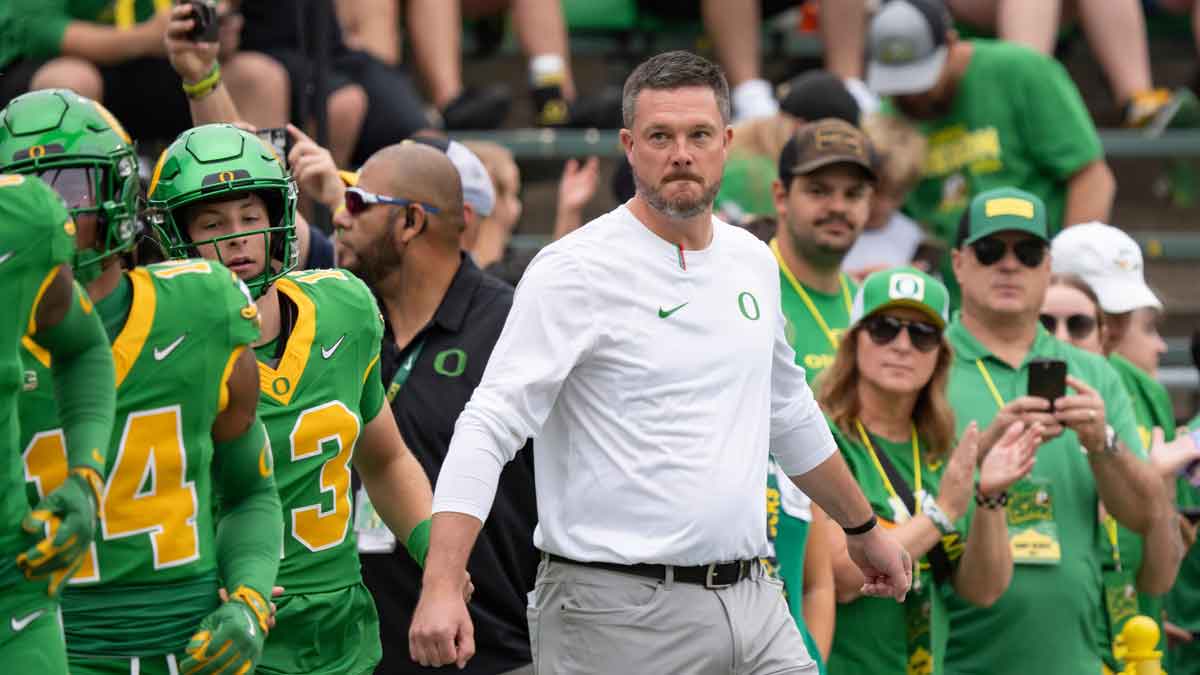 Oregon head coach Dan Lanning walks the field as the Oregon Ducks host the Oklahoma State Cowboys on Sept. 6, 2025, at Autzen Stadium in Eugene, Oregon.