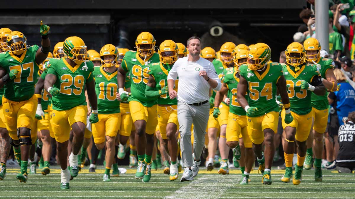 Oregon head coach Dan Lanning leads his team onto the field as the Oregon Ducks host the Montana State Bobcats on Aug. 30, 2025, at Autzen Stadium in Eugene, Oregon.