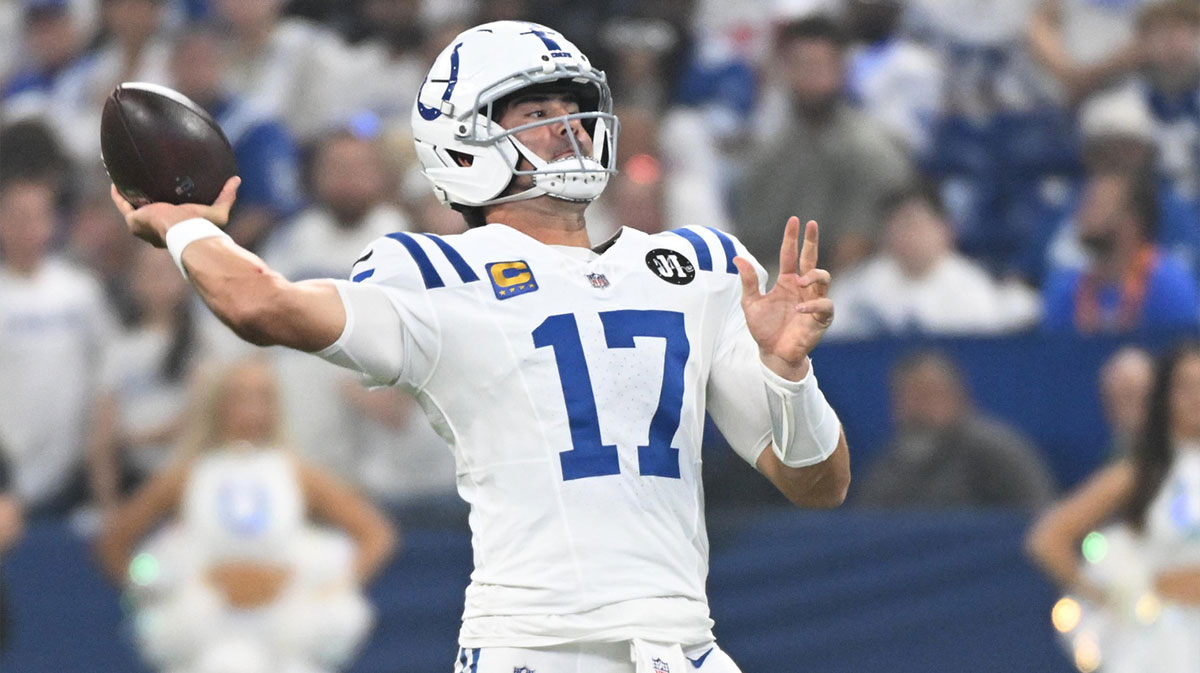 Indianapolis Colts quarterback Daniel Jones (17) passes the ball during the first quarter against the Denver Broncos at Lucas Oil Stadium.