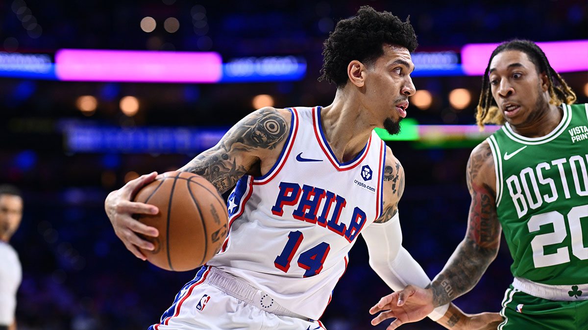 Philadelphia 76ers forward Danny Green (14) controls the ball against Boston Celtics guard JD Davidson (20) in the fourth quarter at Wells Fargo Center.