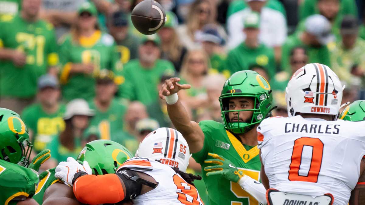 Oregon quarterback Dante Moore throws a pass as the Oregon Ducks host the Oklahoma State Cowboys on Sept. 6, 2025, at Autzen Stadium in Eugene, Oregon.