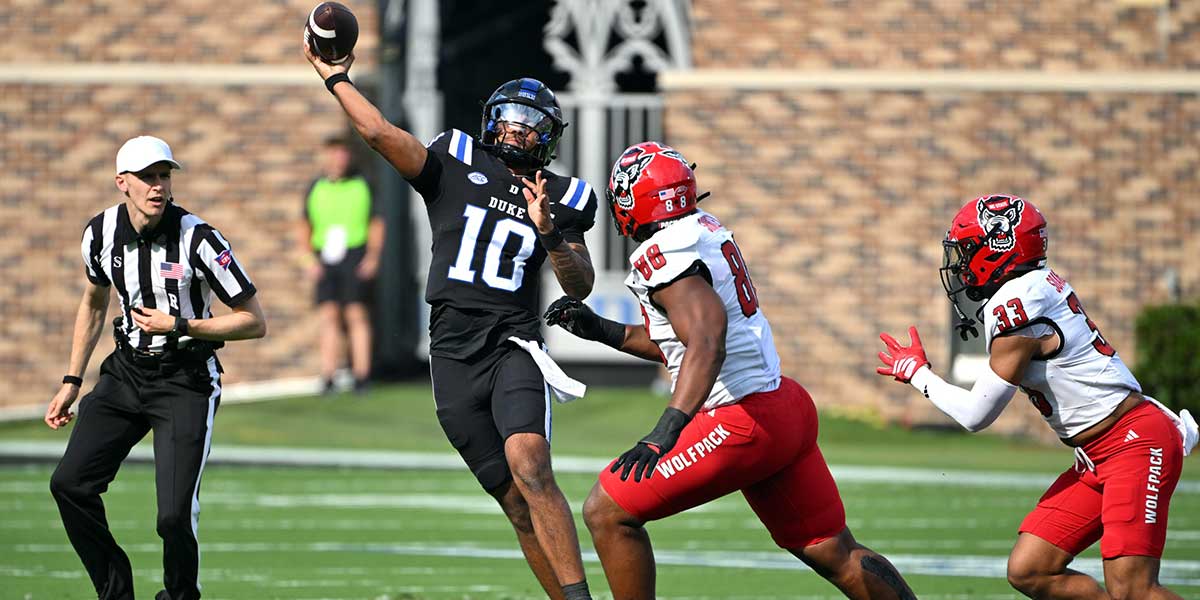 Duke Blue Devils quarter back Darian Mensah (10) throws the ball during the first quarter against the NC State Wolfpack at Wallace Wade Stadium. 
