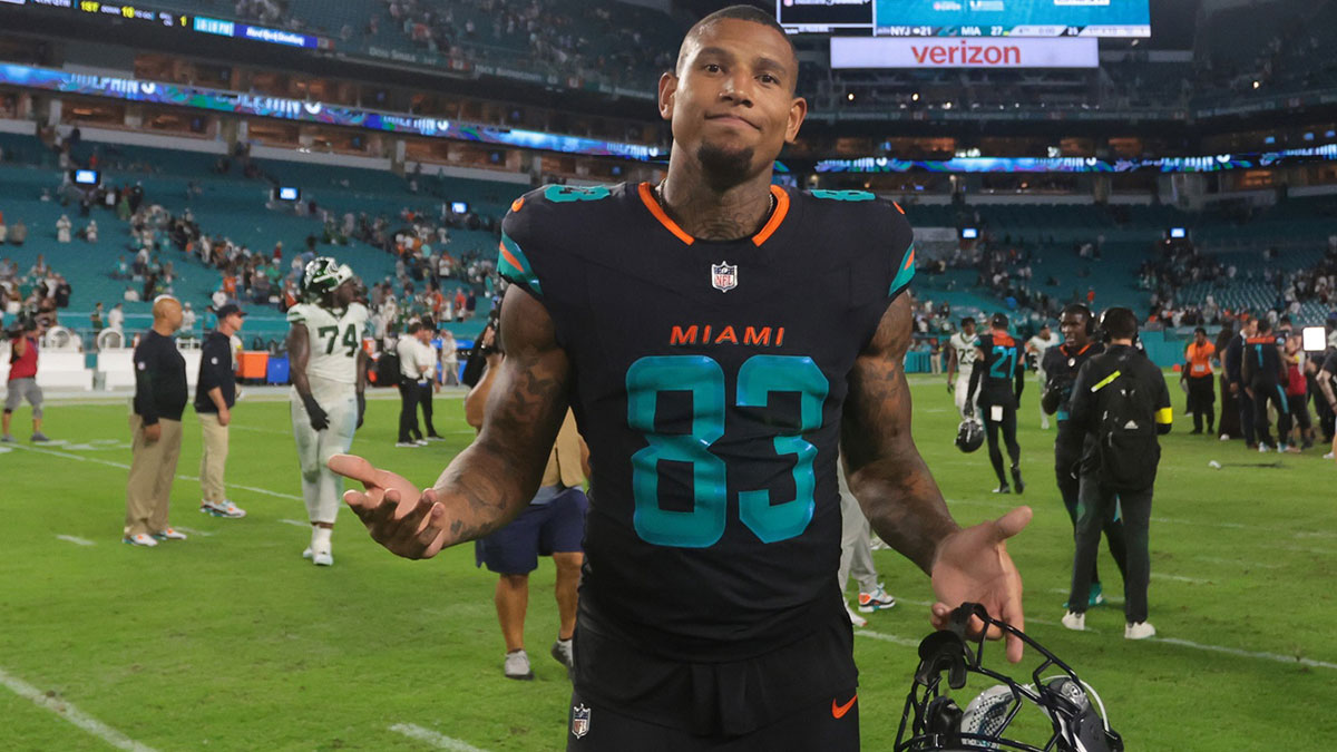 Miami Dolphins tight end Darren Waller (83) reacts after the game against the New York Jets at Hard Rock Stadium.
