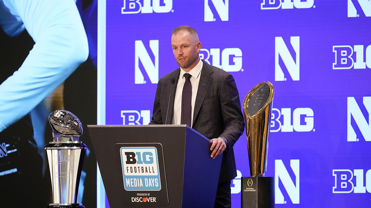 Northwestern head coach David Braun speaks to the media during the Big Ten NCAA college football media days at Mandalay Bay Resort.
