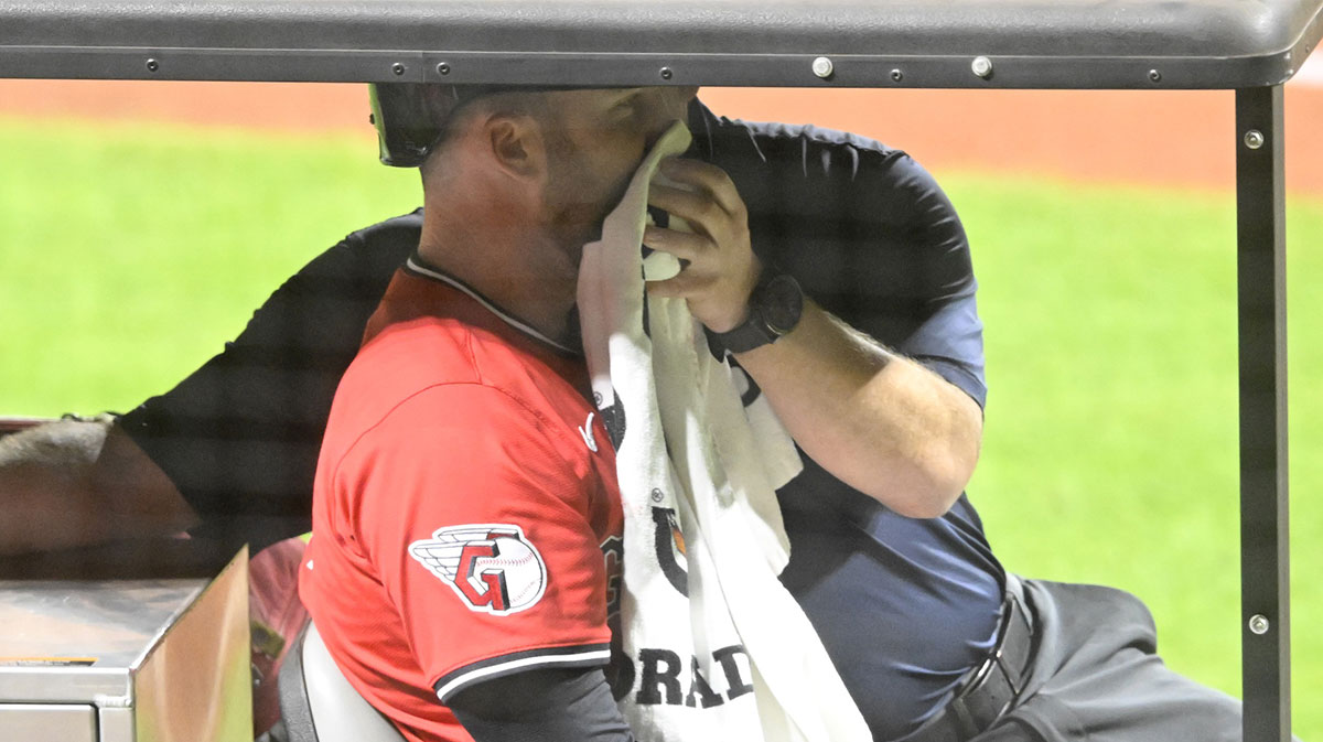 Cleveland Guardians designated hitter David Fry (6) leaves the field in a cart after he was hit in the face by a foul ball in the sixth inning against the Detroit Tigers at Progressive Field.