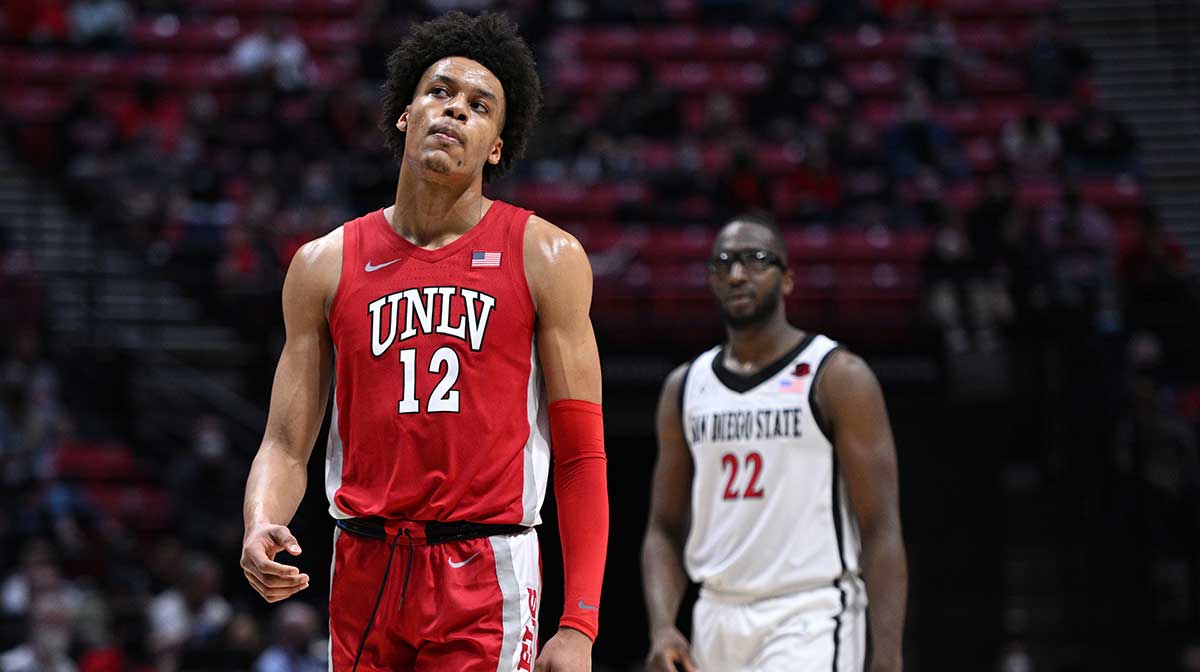 UNLV Rebels center David Muoka (12) looks on ahead of San Diego State Aztecs forward Tahirou Diabate (22) during the second half at Viejas Arena.
