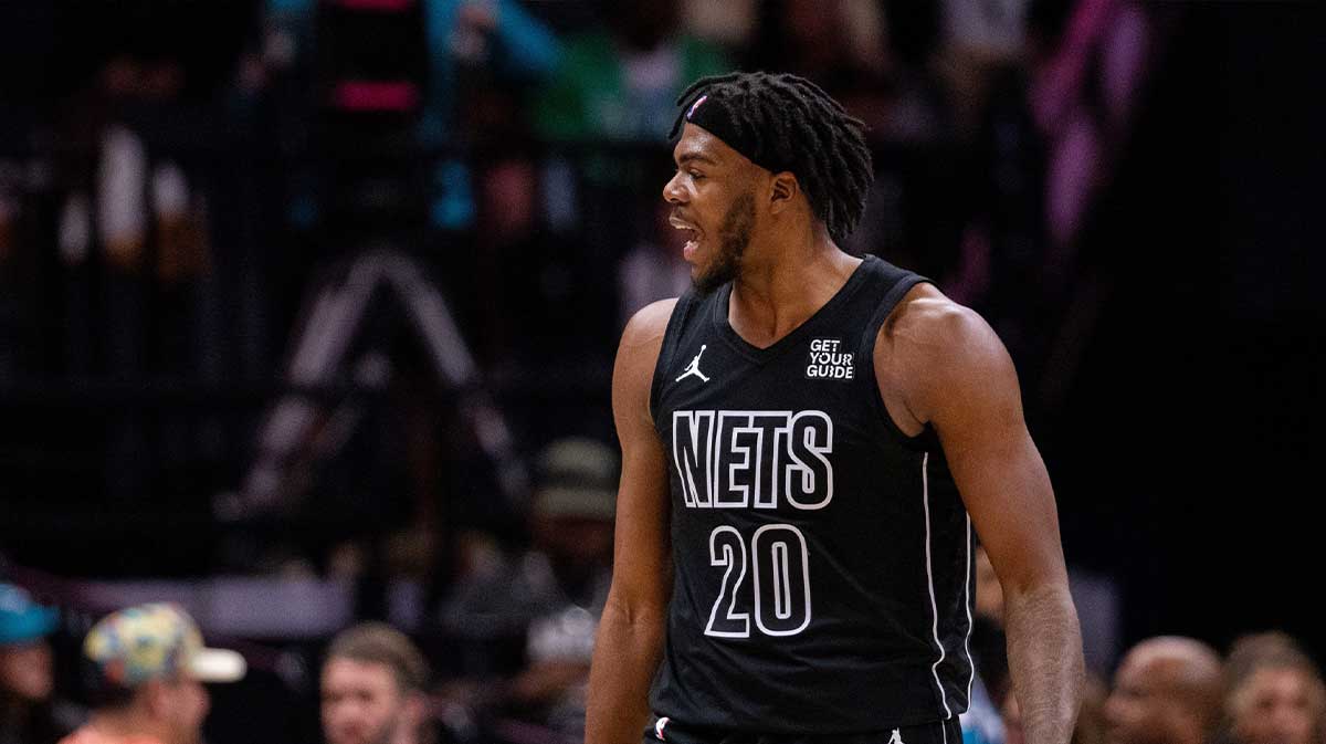 Brooklyn Nets center Day'Ron Sharpe (20) argues for a foul during the third quarter against the Charlotte Hornets at Spectrum Center.