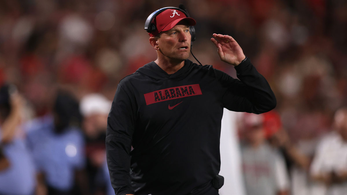 Alabama Crimson Tide head coach Kalen DeBoer looks on in the second half against the Georgia Bulldogs at Sanford Stadium.