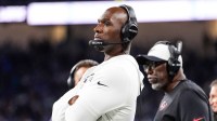 Houston Texans head coach DeMeco Ryans watches a play against Detroit Lions during the second half at Ford Field in Detroit on Saturday, August 23, 2025.