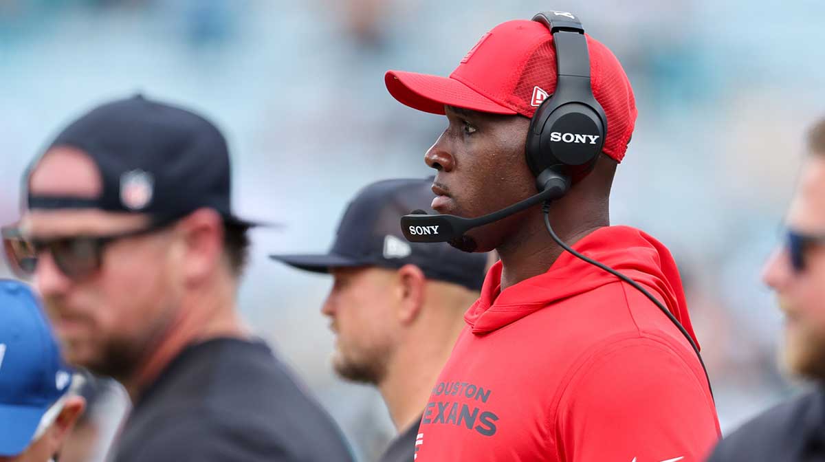 Houston Texans head coach DeMeco Ryans looks on during the first quarter against the Jacksonville Jaguars at EverBank Stadium.