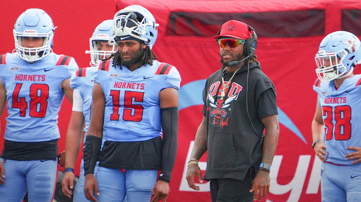 Delaware State head coach DeSean Jackson watches his team