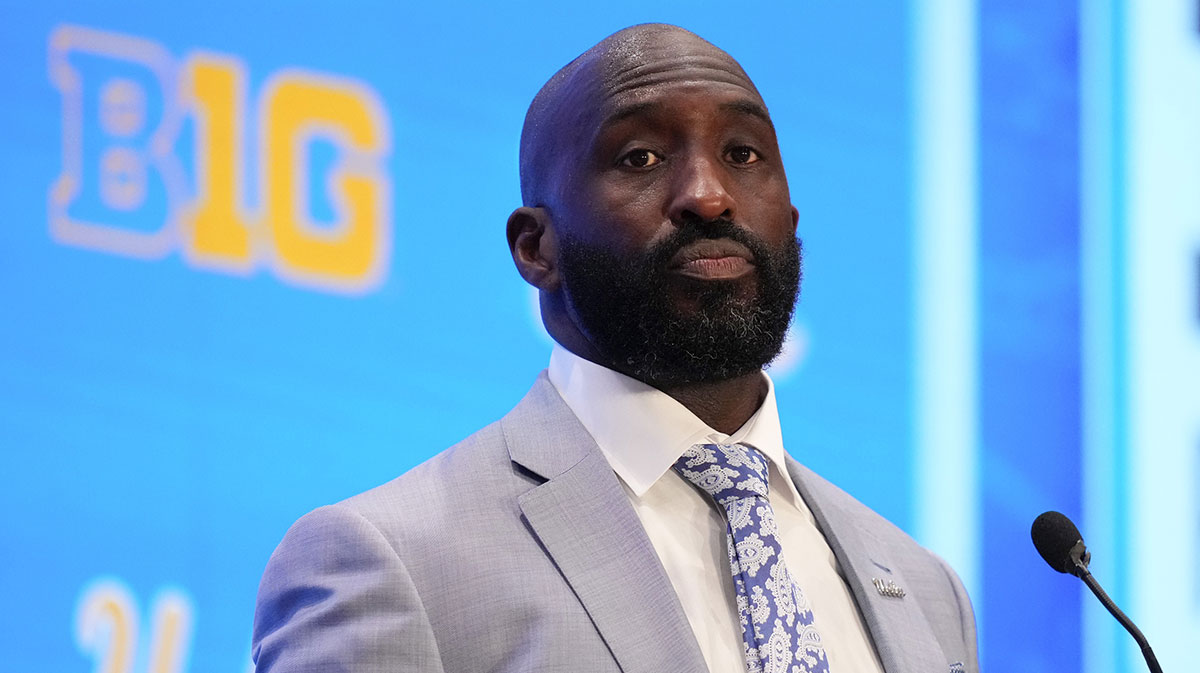 UCLA head coach DeShaun Foster speaks to the media during the Big Ten NCAA college football media days at Mandalay Bay Resort.