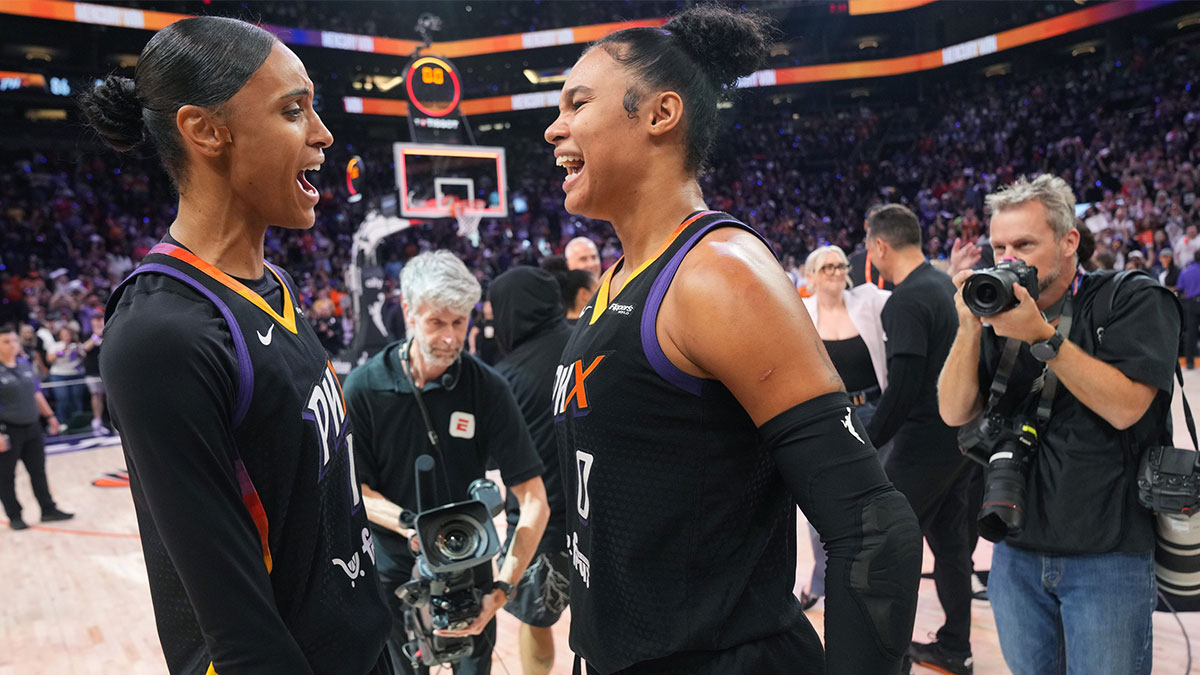 Phoenix Mercury teammates Satou Sabally (0) and DeWanna Bonner (14) celebrate their 86-81 WNBA semifinal playoff series win over the Minnesota Lynx at PHX Arena on Sept. 28, 2025. 