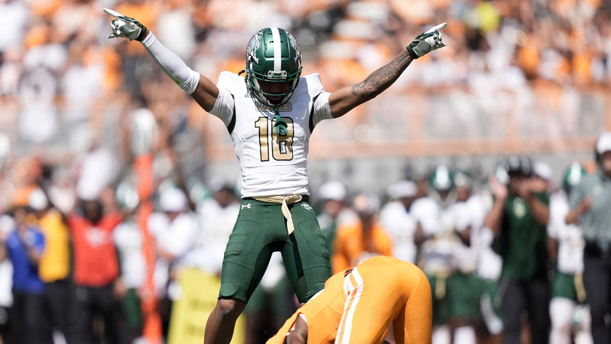 UAB cornerback Delvon Gulley (18) celebrates after breaking up a pass intended for Tennessee wide receiver Mike Matthews (4) during an NCAA college football game on September 20, 2025, in Knoxville, Tennessee.