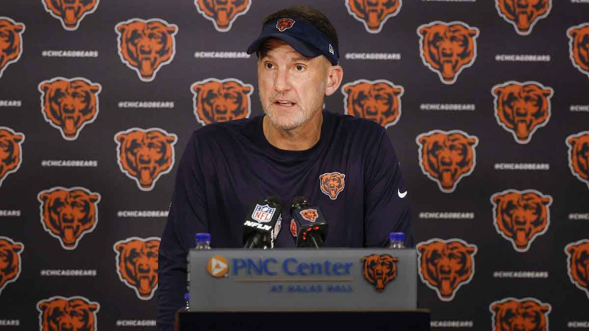 Chicago Bears defensive coordinator Dennis Allen speaks during training camp at Halas Hall.