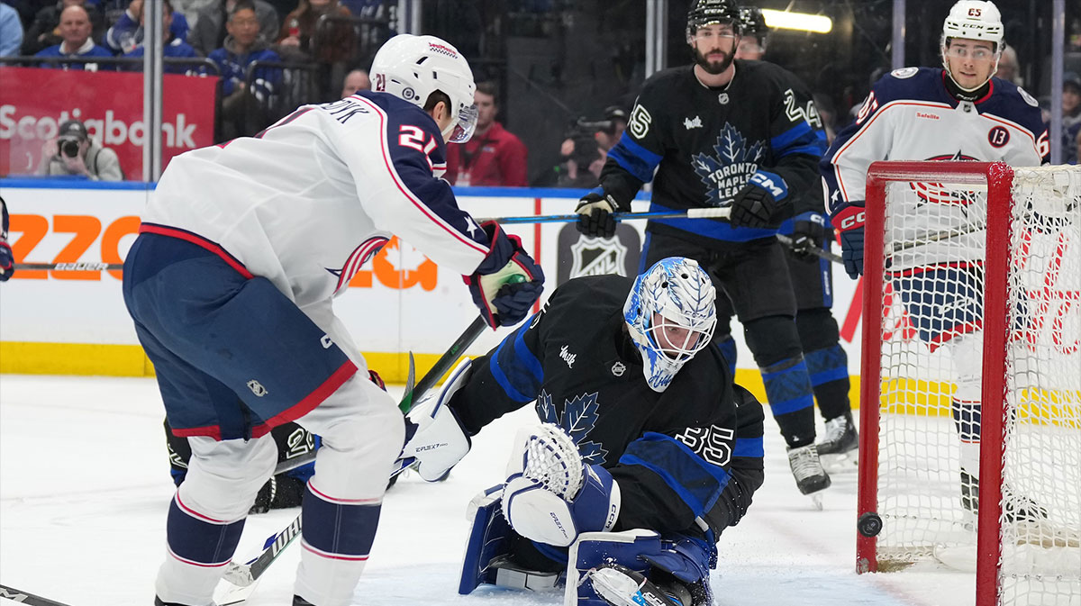 Columbus Blue Jackets left wing James van Riemsdyk (21) scores a goal on Toronto Maple Leafs goaltender Dennis Hildeby (35) during the second period