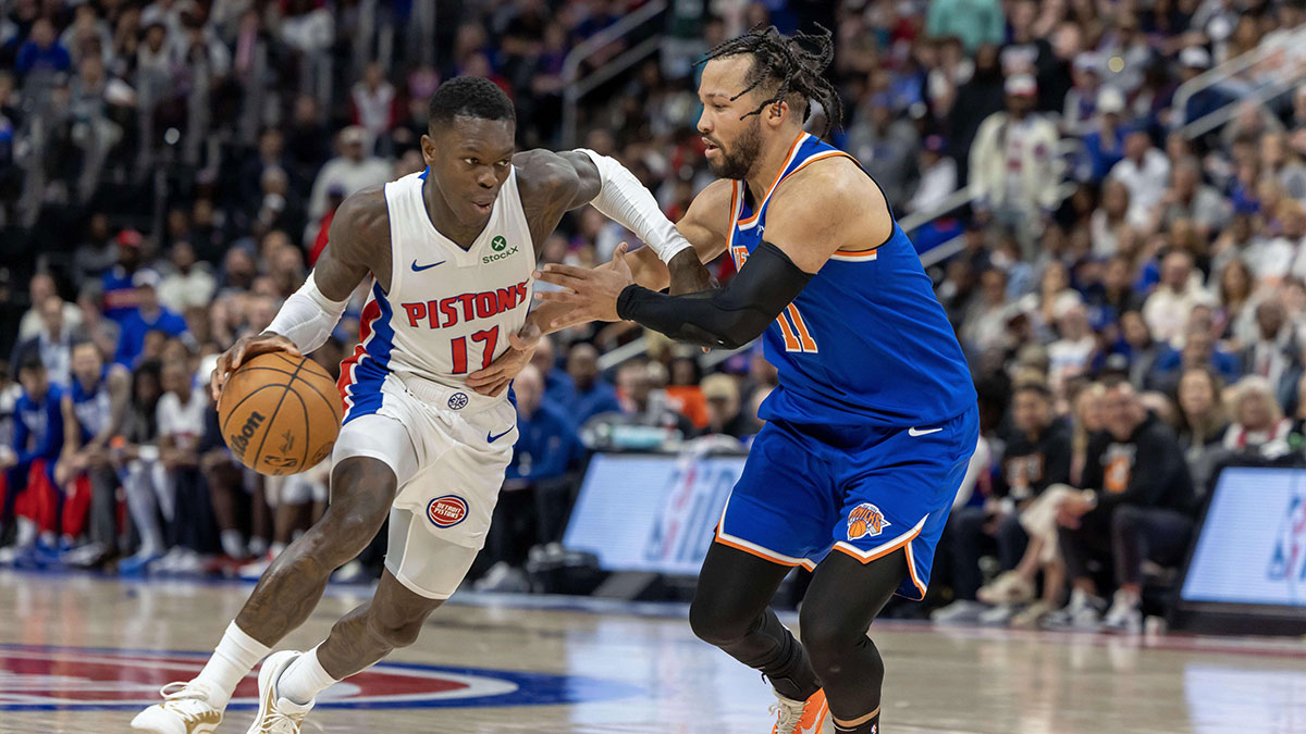 New York Knicks guard Jalen Brunson (11) defends against Detroit Pistons guard Dennis Schroder (17) during the fourth quarter of game four of first round for the 2025 NBA Playoffs at Little Caesars Arena.