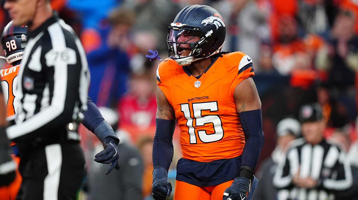 Denver Broncos linebacker Nik Bonitto (15) celebrates his sack in the second half against the Atlanta Falcons at Empower Field at Mile High.