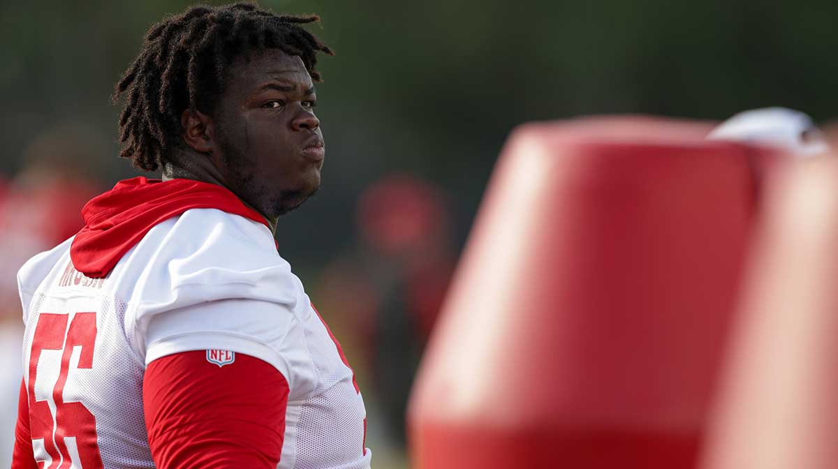 Tampa Bay Buccaneers defensive tackle Desmond Watson (56) looks on training camp at AdventHealth Training Center.