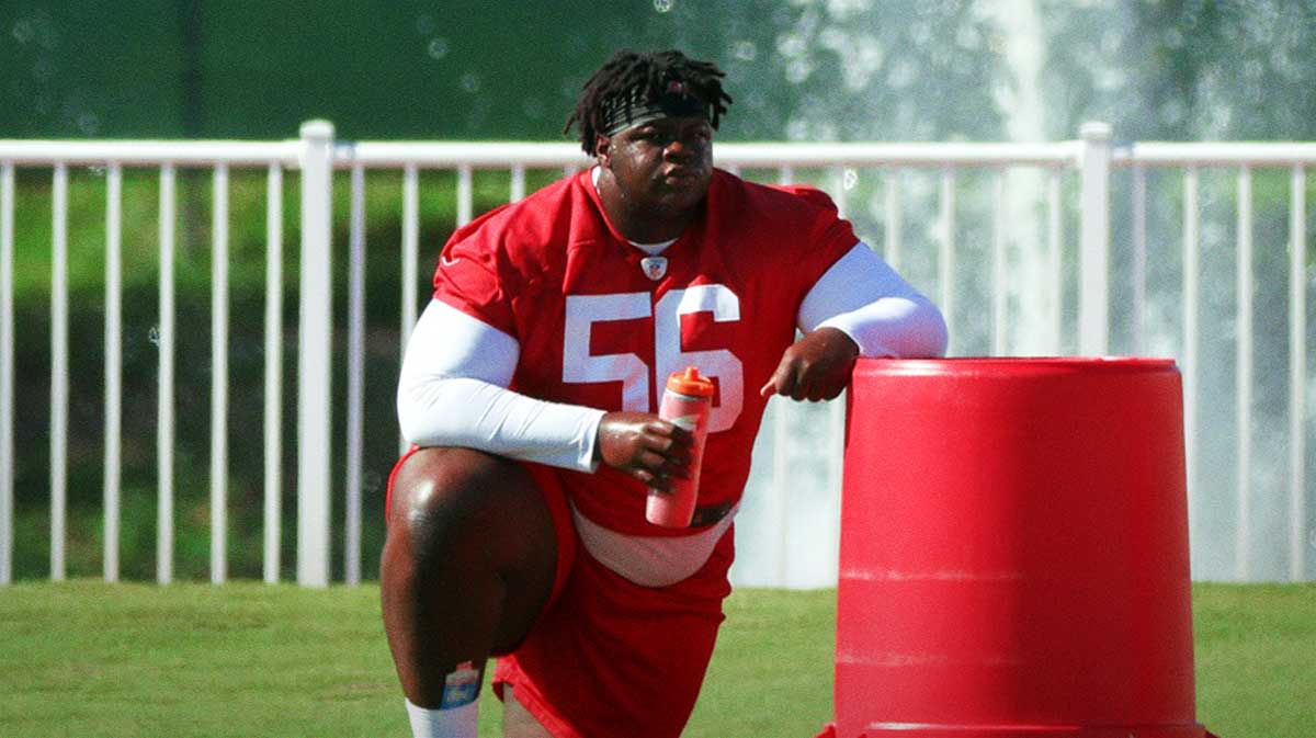 Tampa Bay Buccaneers defensive tackle Desmond Watson (56) works out at One Buc Place.