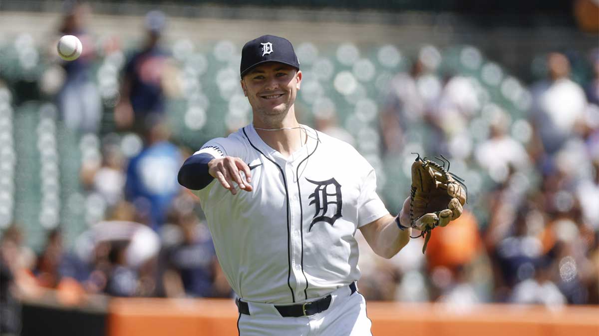 Detroit Tigers outfielder Kerry Carpenter (30) warms up prior to the game against the Kansas City Royals at Comerica Park.