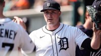 Detroit Tigers pitcher Tarik Skubal (29) high-fives teammate in the dugout after pitching sixth inning against Cleveland Guardians at Comerica Park in Detroit on Thursday, Sept. 18, 2025.