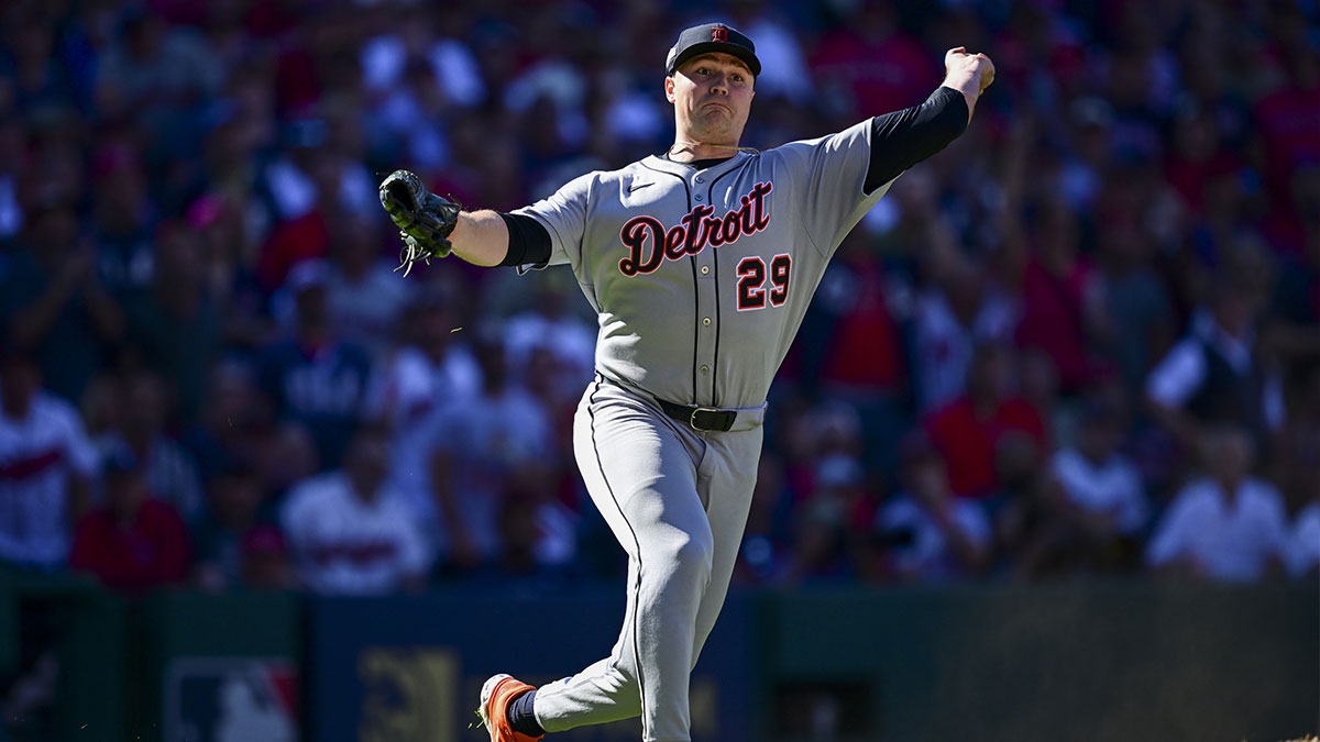 Detroit Tigers pitcher Tarik Skubal (29) throws to first against Cleveland Guardians in the eighth inning during game one of the Wildcard round for the 2025 MLB playoffs at Progressive Field.