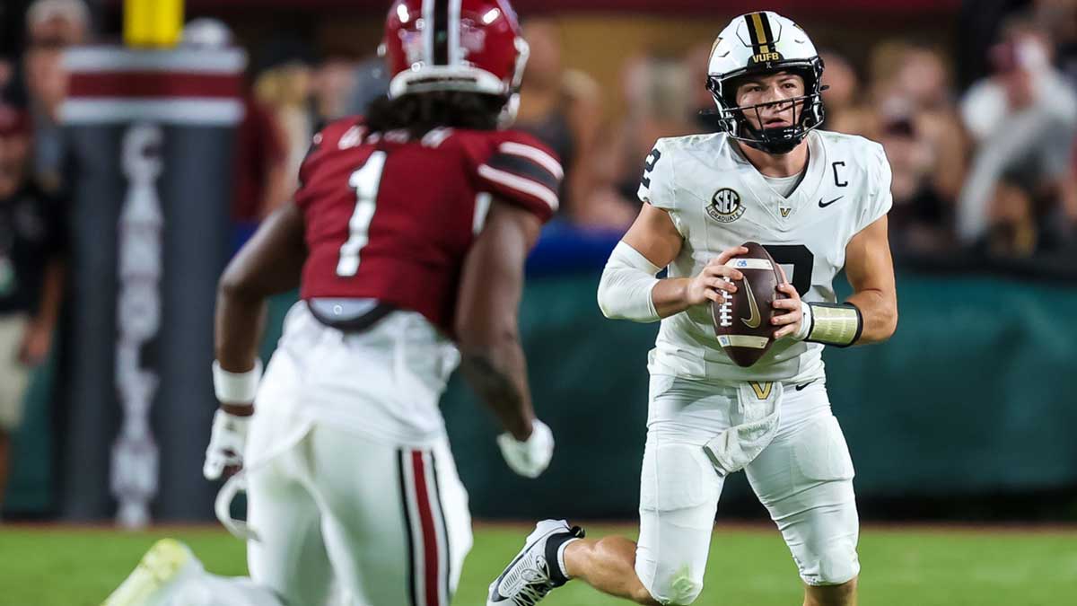 Vanderbilt Commodores quarterback Diego Pavia (2) scrambles against the South Carolina Gamecocks in the second quarter at Williams-Brice Stadium.
