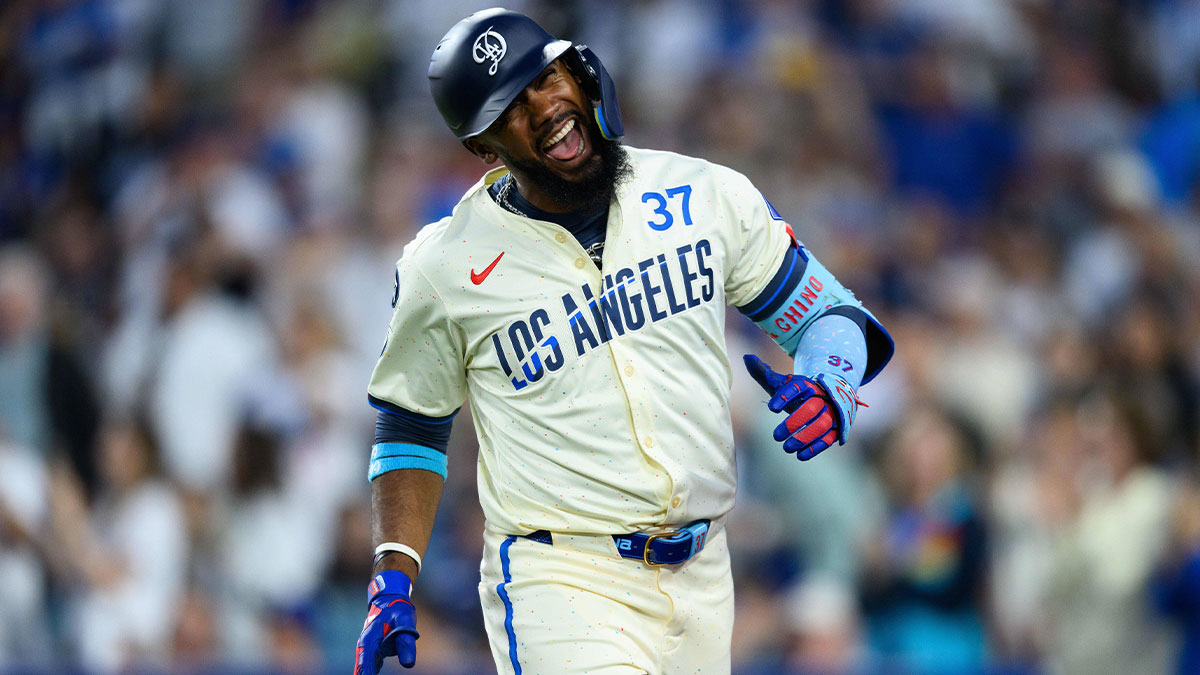 Los Angeles Dodgers right fielder Teoscar Hernandez (37) reacts after hitting a home run during the fifth inning against the San Diego Padres at Dodger Stadium.