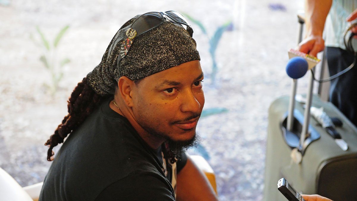 Los Angeles Dodgers outfielder Manny Ramirez speaks to the media after being scratched from the game against Korea at The Ballpark at Camelback Ranch.