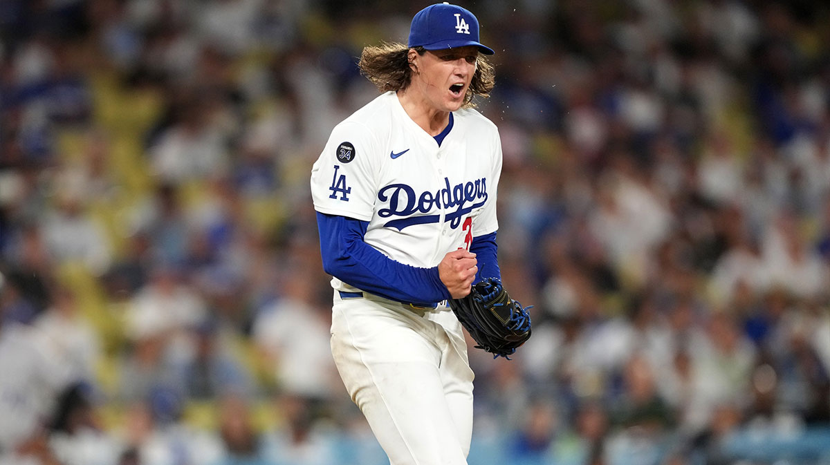 Los Angeles Dodgers starting pitcher Tyler Glasnow (31) reacts at the end of the seventh inning against the Colorado Rockies at Dodger Stadium.