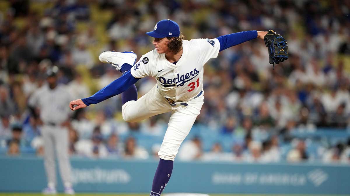 Los Angeles Dodgers starting pitcher Tyler Glasnow (31) throws in the seventh inning against the Colorado Rockies at Dodger Stadium.