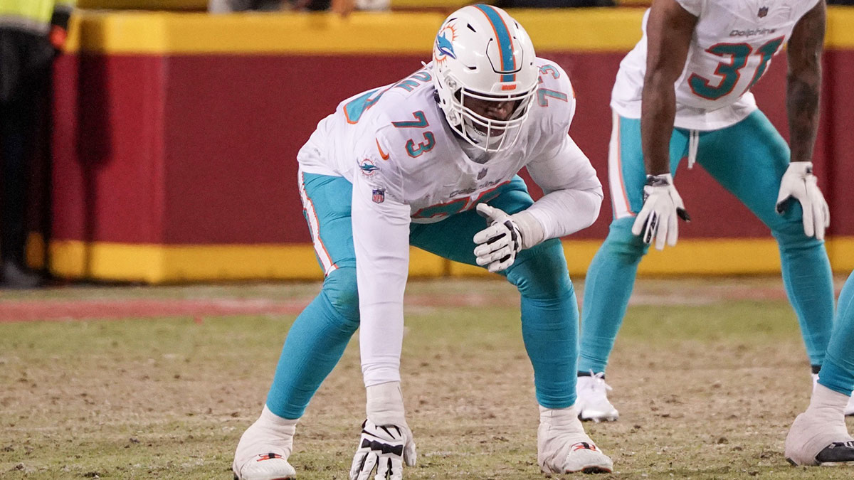 Miami Dolphins guard Austin Jackson (73) at the line of scrimmage against the Kansas City Chiefs in a 2024 AFC wild card game at GEHA Field at Arrowhead Stadium.