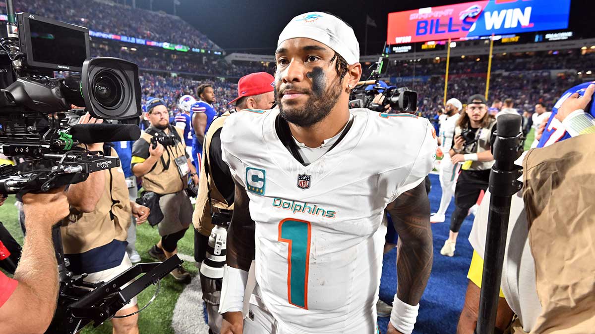Dolphins quarterback Tua Tagovailoa (1) looks on after the game against the Buffalo Bills at Highmark Stadium
