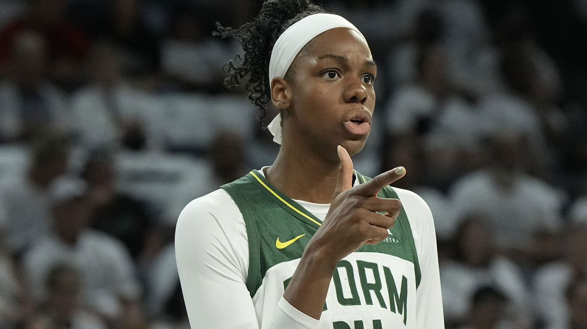 Seattle Storm center Dominique Malonga (14) gestures to a teammate before foul shot by the Las Vegas Aces in the second quarter during game one of round one for the 2025 WNBA Playoffs at Michelob Ultra Arena.