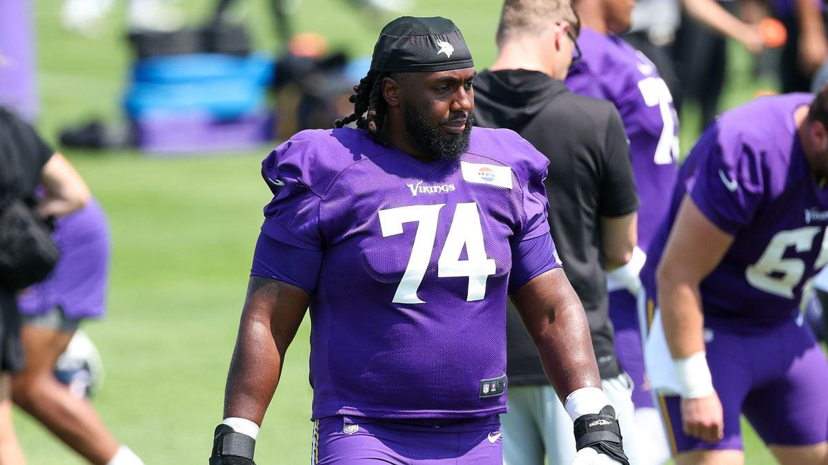 Minnesota Vikings guard Donovan Jackson (74) takes part in drills during the teams training camp at the Minnesota Vikings Training Facility.