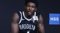 Brooklyn Nets guard Drake Powell (4) speaks at Media Day.